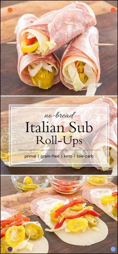 an image of italian sub rolls with peppers and olives on the side, cut in half