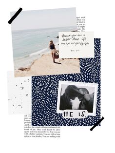 an altered collage with photos and words on it's side by the ocean