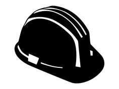 a black and white silhouette of a hard hat with the visor down on it