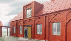 an artist's rendering of a man standing in front of a red building with two yellow doors