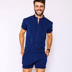 The Premium Navy Chateaux Male Romper – RomperJack Casual Summer Rompers, Romper Men, Streetwear Fashion Men, Fitted Romper, Romper Shorts, Jumpsuit Men, Short Playsuit, Jumpsuit Online, Short Sleeve Jumpsuits