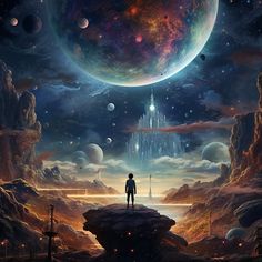 a man standing on top of a rock in front of a space filled with planets