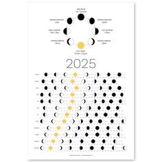 the phases of the moon in different sizes and colors, with numbers on each side