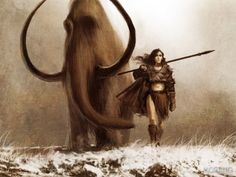 a woman is standing next to an animal with two swords in her hand and holding a spear