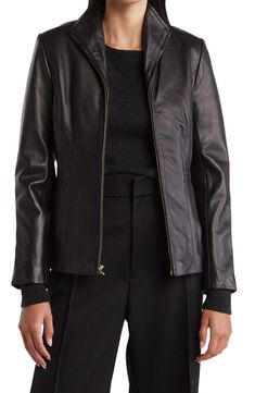 A soft lambskin leather jacket features a wing collar for contemporary style. 22" length Wing collar Long sleeves Front zip closure Front on-seam pockets Lambskin leather construction Lined Shell: 100% leather/lining: 100% polyester Professional leather clean Imported Model stats: 5'10" height, 32" bust, 25" waist, 36" hip. Model is wearing size S. Sleek Leather Jacket With Zipper Closure, Classic Leather Jacket With Zipper For Fall, Classic Leather Outerwear With Asymmetrical Zip, Classic Leather Jacket With Zipper For Work, Sleek Leather Jacket With Asymmetrical Zip For Work, Classic Leather Jacket With Zipper, Sleek Leather Outerwear With Asymmetrical Zip, Sleek Leather Jacket With Asymmetrical Zip, Sleek Formal Leather Jacket With Zipper Closure