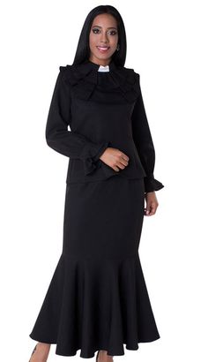 Unique 2-pieces women church suit by Tally Taylor Featuring Ruffled collar with gathered sleeves Flared skirt design Perfect for any church event Tally Taylor suits and dresses Clergy Women, Church Dresses For Women, Easter Dresses For Toddlers, Silver Cocktail Dress, Women Church Suits, Women Church, Gaun Fashion, Church Suits, Church Dresses