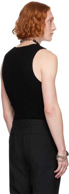 Rib knit cashmere tank top. Crewneck. Supplier color: Black Fitted Cashmere Sleeveless Vest, Fitted Sleeveless Cashmere Vest, Black Ribbed Cashmere Top, Black Fine Knit Sleeveless Top, Black Sleeveless Fine Knit Tank Top, Black Sleeveless Fine Knit Top, Sleeveless Cashmere Tops For Work, Dries Van Noten, Rib Knit