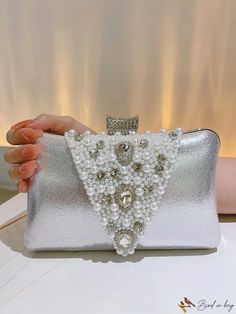 BirdinBag - Exquisite Wedding & Party Clutch with Faux Pearl and Rhinestone Embellishments Prom Evening Bag Embellished With Crystals, Embellished Crystal Evening Bag For Prom, Crystal Embellished Evening Bag For Prom, Prom Crystal Evening Bag Embellished, Party Embellished Pearl Evening Bag, Elegant Embellished Evening Bag For Prom, Glamorous Pearl Evening Bag For Wedding, Elegant Embellished Evening Bag For Banquet, Silver Embellished Bags For Events