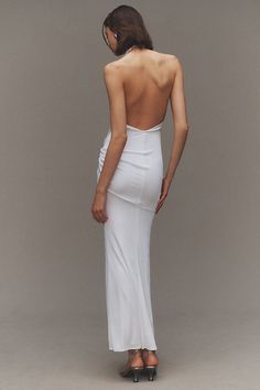 The Katie May Leyla Cowled Halter Open-Back Knotted Maxi Dress combines chic sophistication with a touch of allure, featuring a gracefully draped cowl halter neck, front knotted detail, and captivating open back for a stunning entrance at any event. | Leyla Cowled Halter Open-Back Knotted Maxi Dress by Katie May in White, Women's, Size: Medium, Polyester/Elastane at Anthropologie Knotted Maxi Dress, Katie May, Halter Maxi Dress, Bridal Event, Halter Maxi, Gala Dresses, White Maxi Dresses, 50 Fashion, Event Dresses