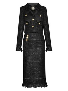 MORENNE Tweed Jacket & Skirt Set – ZCRAVE Tweed Long Dress, Black Tweed Suit, Tweed Jacket And Skirt, Tweed Suit, Royal Outfits, Black Tweed, Elegant Styles, Tweed Suits, Wool Blend Jacket