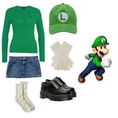 the mario bros outfit is green and has white socks, a baseball cap, black shoes, and a green sweater