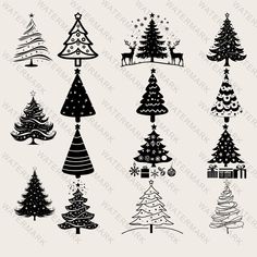 christmas tree silhouettes are shown in black and white