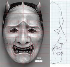 an image of a mask being drawn with graph paper and then in photoshopped to look like it is smiling