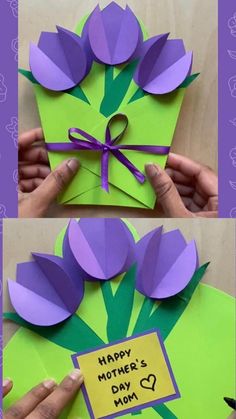 the mother's day card is made out of paper and has purple flowers on it