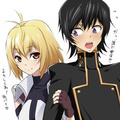 two anime characters are standing next to each other, one is wearing black and the other has blonde hair