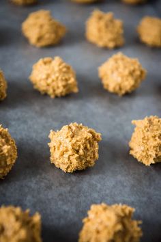 several balls of food sitting on top of a cookie sheet