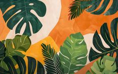 an orange and green tropical wallpaper with palm leaves