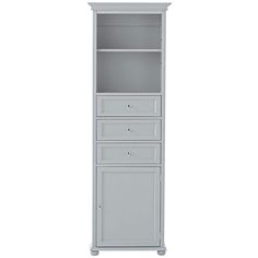 a tall white cabinet with three drawers and one door on the bottom shelf is shown