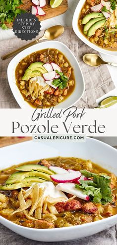 two bowls of grilled pork pozole verde soup with avocado and radishes