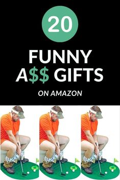 a man in orange shirt and hat sitting on green golf course with text that reads funny $