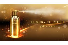 Mist spray cosmetic bottle ad banner. Gold cosmetics tube on elegant blurred background with golden glitter and light waves, essence, beauty skin care product, Realistic 3d vector ads promo poster Mist Packaging, Luxury Packing, Honey Cosmetics, Ads Banner, Perfume Mist, Labels Design, Ad Banner, Cosmetics Banner, Pink Cosmetics