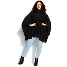 Ditch the coat and make a statement in the Emilia Cape! This edgy outerwear piece is perfect for those chilly days or nights when you want to show off your style. The turtleneck design keeps you warm, while the cape sleeves and handkerchief hem add a touch of drama. The silver button detailing on one side is both unique and chic. Made from a soft knit fabrication, this cape is sure to keep you comfortable all day or night long. Bold and fiercely fashionable, no one does plus size fashion like Ci High Rise Denim Jeans, Knitted Cape, Silver Button, Cape Sleeves, Handkerchief Hem, High Rise Denim, Chic Woman, City Chic, Black Knit