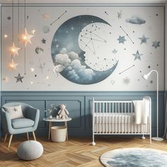 a baby's room decorated in blue and white with stars on the moon wall