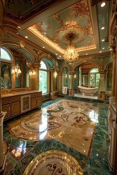 a fancy bathroom with green marble floors and chandelier above the bathtub area