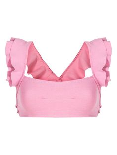 bubblegum pink stretch-design ruffled detailing square neck crossover shoulder straps sleeveless straight hem Be mindful to try on swimwear over your own garments. Ruffle Swimsuit, Versace Outfit, Iconic Bags, Bubblegum Pink, Ballet Flat Shoes, Clothing Ideas, Ski Wear, Lady Dior, Diy Food