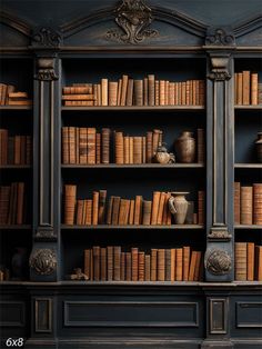 Vintage Library Bookshelf Photography Backdrop - A vintage bookshelf filled with old books and decorative vases Vintage Library Decor Ideas, Built In Corner Bookshelves, Classic Library Design, Old Apartment Aesthetic, Fancy Bookshelf, Victorian Library Study, Self Confidence Activities, Bookshelf Photography, Built In Library Wall