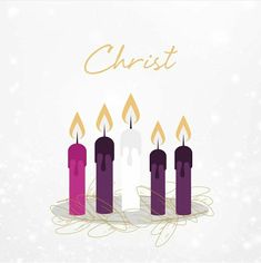 three candles with the words christ on them in gold and purple colors, surrounded by snowflakes