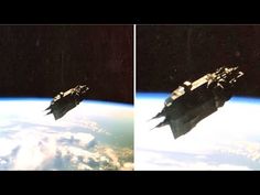 two pictures of a space shuttle in the sky above earth, taken from outer space