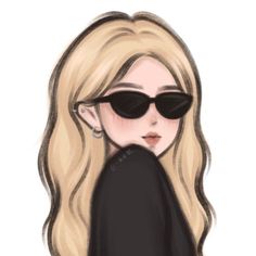 a drawing of a blonde woman wearing sunglasses and a black dress with her hair pulled back