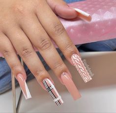 Beige Nails Design, Plaid Nail Designs, Cute Nail Art Designs, Acrylic Nails Coffin Pink