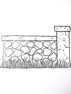 a drawing of a stone fence with hearts on it