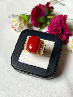 Ring metal is High-Quality Solid 925, Sterling Silver Stone- Natural Red Coral Stone Shape- Oval Weight-  Setting Type- Prong Ring Band- 18k Gold Filled Gems Stone Color- Red It looks small and shiny finished ring has an amazing design The humble ring has been about for years, older than any of us, and still as important as ever. A symbol of eternal love, You can personalize it with your desired birthstone. This ring is perfect to wear alone as a statement ring or stacked with other rings to get Elegant Diamond Ring As Gift, Oval Signet Ring With Stone Setting For Gift, Open Signet Ring With Gemstone For Gift, Open Ring Signet With Gemstone For Gift, Open Signet Ring With Gemstone As Gift, Red Gemstones With Center Stone For Gift, Yellow Gold Gemstone With Accent Stones As Gift, Heirloom Style Red Gemstone Signet Ring, Classic Signet Ring With Accent Stones For Gift