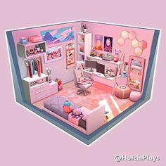 the room is decorated in pastel pink and has furniture, bookshelves, and shelves