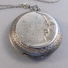 A Handmade Valley Girl Designs Lovely Moon Locket. I Have Added A Sweet L Smiling Moon To This Lovely Large Antique Silver Locket. Tiny Little Stars Surround This Tiny Moon. The Moon Locket Is Attached To The Chain By A Pretty Antiqued Silver Victorian Connector. Lockets Are Brass With Silver Plating. This Beautiful Antiqued Silver Chain Has Oval Links And Measures 24 Inches And Has Been Finished With A Silver Toggle Clasp. The Locket Measures 1.5 Inches Across Or 40mm, It Holds Two Pictures And Goddess Luna, Night Goddess, Moon Locket, Handmade Turquoise Necklace, Goddess Pendant, Silver Locket Necklace, Valley Girl, Antique Locket, Bubble Necklaces