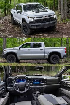 the front and back view of a silver truck in the woods, with its lights on