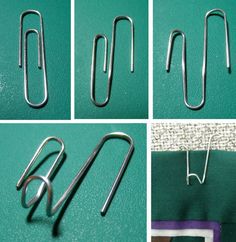 four different pictures showing how to make hanging clips for your cubicle walls with this paper clip hack