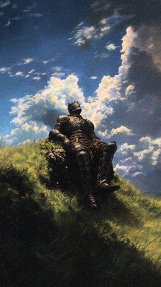 a painting of a man sitting on top of a grass covered hill under a cloudy blue sky