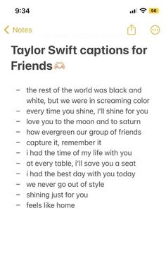 the text on this page reads taylor swift captions for friends