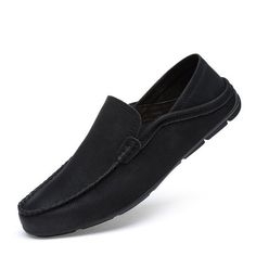 Upper Material: Split Leather Outsole Material: Rubber Closure Type: Slip-On Shoes Type: Boat Shoes Pattern Type: Solid Insole Material: PVC Lining Material: Synthetic Spring Business Casual Slip-ons, Black Cushioned Loafers For Spring, Black Loafers With Cushioned Footbed For Spring, Spring Business Boat Shoes With Round Toe, Black Synthetic Loafers, Spring Casual Plain Toe Boat Shoes, Spring Casual Slip-ons With Plain Toe, Casual Boat Shoes For Spring, Casual Synthetic Closed Toe Moccasins