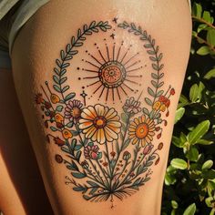 Artistic Wildflower Tattoo Sketches Traditional Style Feminine Tattoo, Wildflower Band Tattoo, Garden Flowers Tattoo, Bold Color Tattoo, American Traditional Vine Tattoo, Flower Peace Sign Tattoo, Floral Wreath Tattoo, Floral Sun Tattoo, American Trad Tattoo