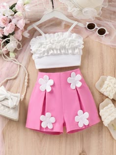 White Casual Collar   Colorblock,Plants  Embellished Medium Stretch  Young Girls Clothing Kids Dress Patterns, Flower Shorts, Baby Frocks Designs, Easy Trendy Outfits, African Design Dresses, Shorts White, Latest African Fashion Dresses