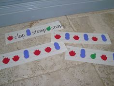 four stickers with the words clap, stop, snap and snap on them