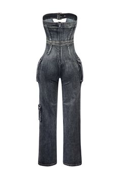 Washed denim tube jumpsuit featuring cutout with snap button detail and cargo pockets Wide leg fit Inseam 32"(S) Back zipper closure We recommend wearing pasties or no bra with this garment Runs true to size Trendy High Waist Strapless Jumpsuit With Pockets, Trendy Strapless High Waist Jumpsuit With Pockets, High Rise Denim Jumpsuit With Pockets In Utility Style, Casual Fitted Jumpsuits And Rompers With Multiple Pockets, Fitted Casual Jumpsuits And Rompers With Multiple Pockets, High Waist Strapless Jumpsuit With Pockets, Fitted High-waist Strapless Jumpsuit With Pockets, Fitted High Waist Strapless Jumpsuit With Pockets, Fitted Dark Wash Cargo Jeans With Multiple Pockets