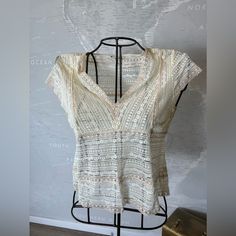 New Without Tags. Stretchy Lace Top By Banana Republic. Armpit To Armpit Measures Approx 19” Chic Cream V-neck Crochet Top, Elegant Beige V-neck Crochet Top, Feminine V-neck Lace Top For Summer, Chic V-neck Lace Top For Beach, Feminine V-neck Lace Top For Day Out, Off White V-neck Top For Day Out, Off White V-neck Blouse For Day Out, Bohemian V-neck Lace Top For Day Out, Cream Bohemian Tops For Summer