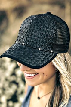 Straw and mesh plays up your sporty style in this updated baseball cap backed by an adjustable strap that offers a just-right fit. Dotted with a few Swarovski Jet crystals on the brim for a simple look! Black Baseball Cap For Beach With Curved Visor, Sporty Black Baseball Cap For Beach, Girls Wearing Hats, Extra Outfits, Simple Look, Baseball Hat, Sporty Style, Black Beads, Baseball Cap