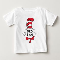 Check out this awesome Cat in the Hat, "Bro I am" Brother shirt from Dr. Seuss! Funny White Top With Cat Design, Funny White Top With Cat Print, White Cotton Shirt With Cat Design, Dr. Seuss Shirts, Cat In The Hat Party, Dr Seuss Birthday Party, Dr Seuss Birthday, The Cat In The Hat, Brother Shirts